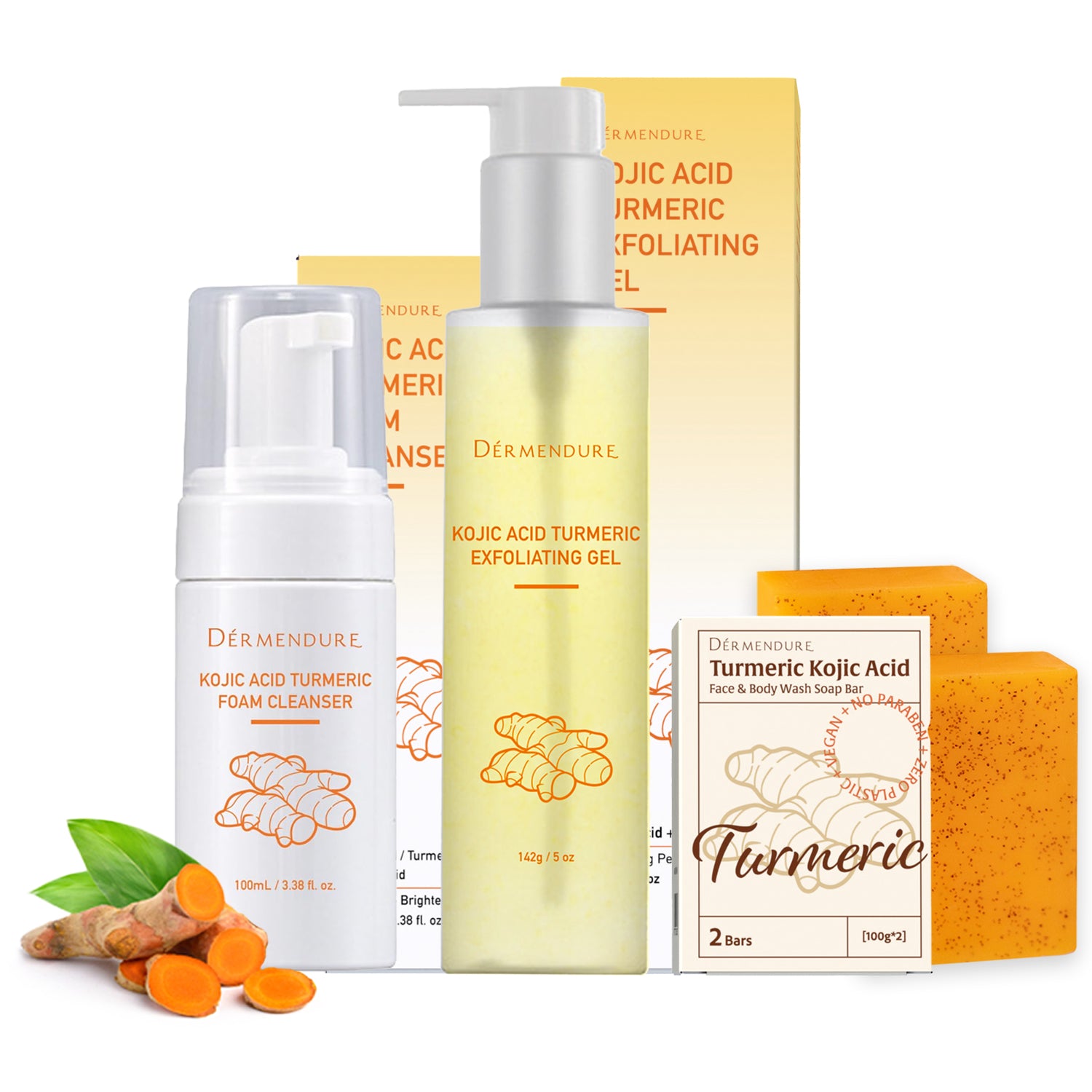3-in-1 Turmeric & Kojic Acid Brightening Set: Turmeric Face Wash, Dark Spot Remover, Dead Skin Cells Remover, Skin Brightening, Even Tone